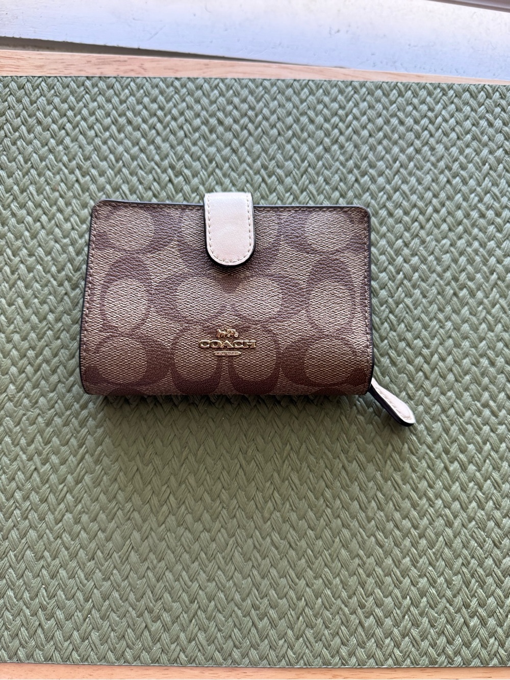 Coach Brown Signature Canvas Compact Wallet with Khaki Trim